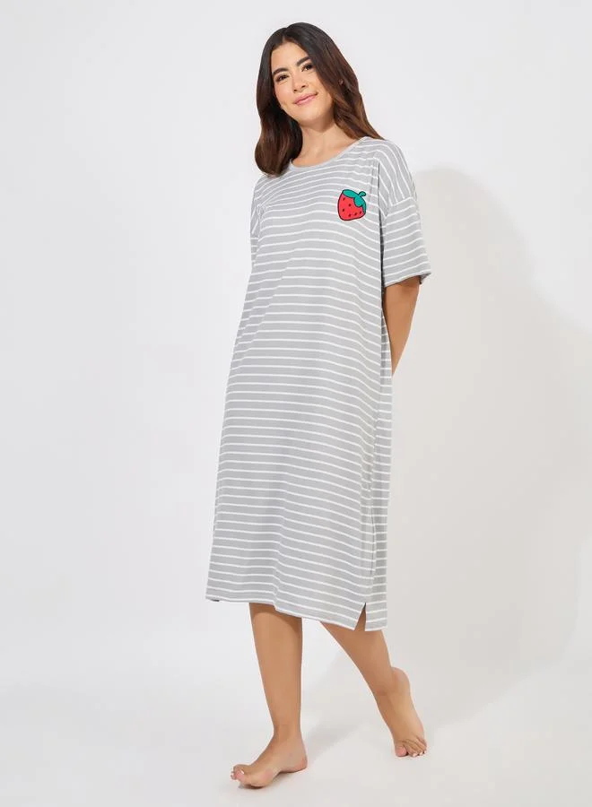 Strawberry Patch Striped Sleep T-Shirt Dress Light Steel Blue