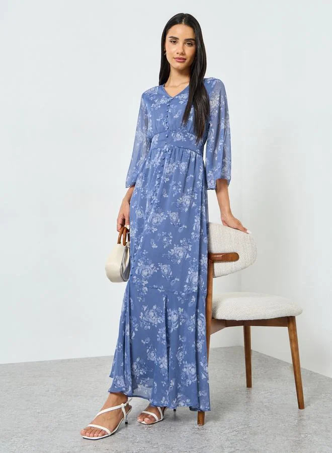 Floral Print 3/4 Sleeve Mermaid Maxi Dress Steel Blue