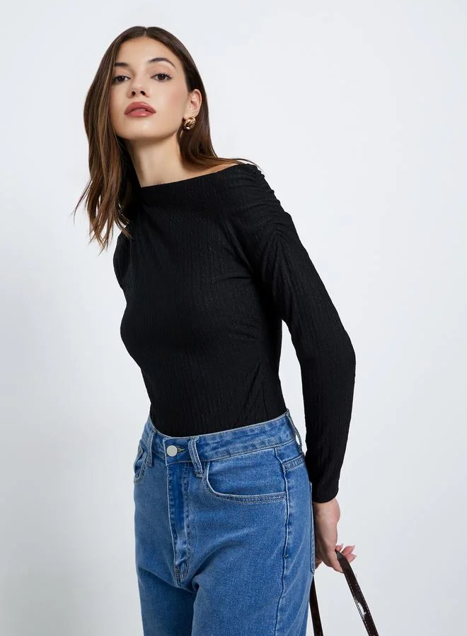 Styli Textured One-Shoulder Bodysuit Black