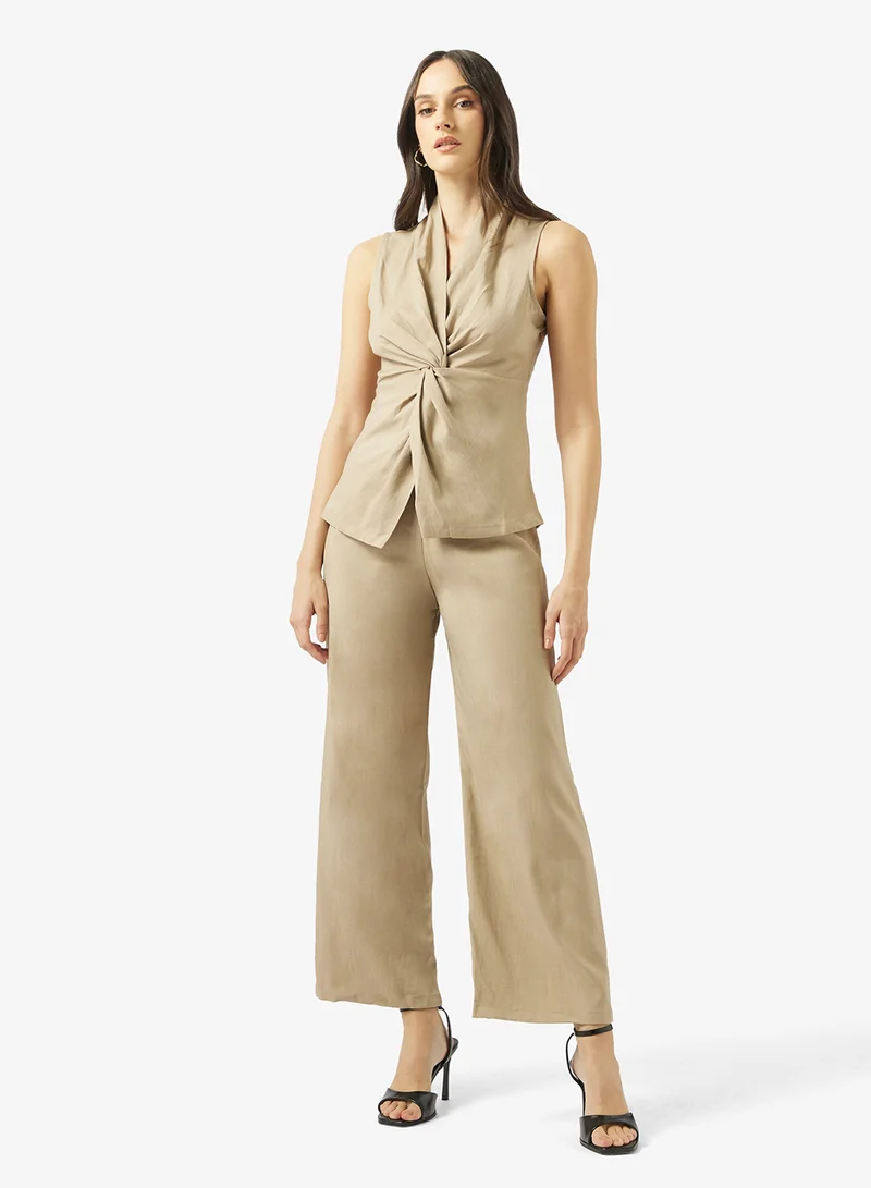 Cinched Waist Top & Pants Set Beige