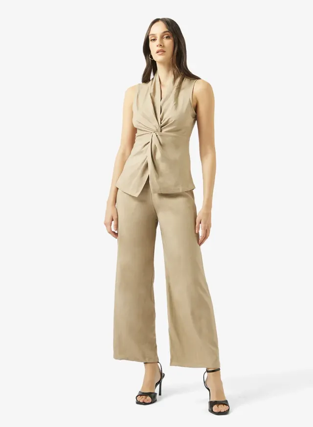 Cinched Waist Top & Pants Set Beige
