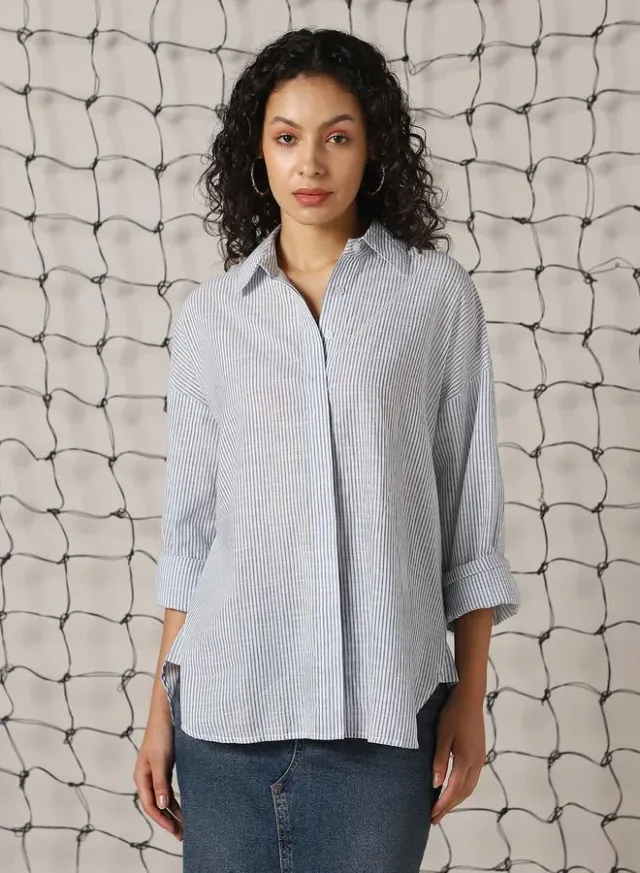 Women's Blue 100% Cotton Striped Button Down Oversized Shirt – image 6