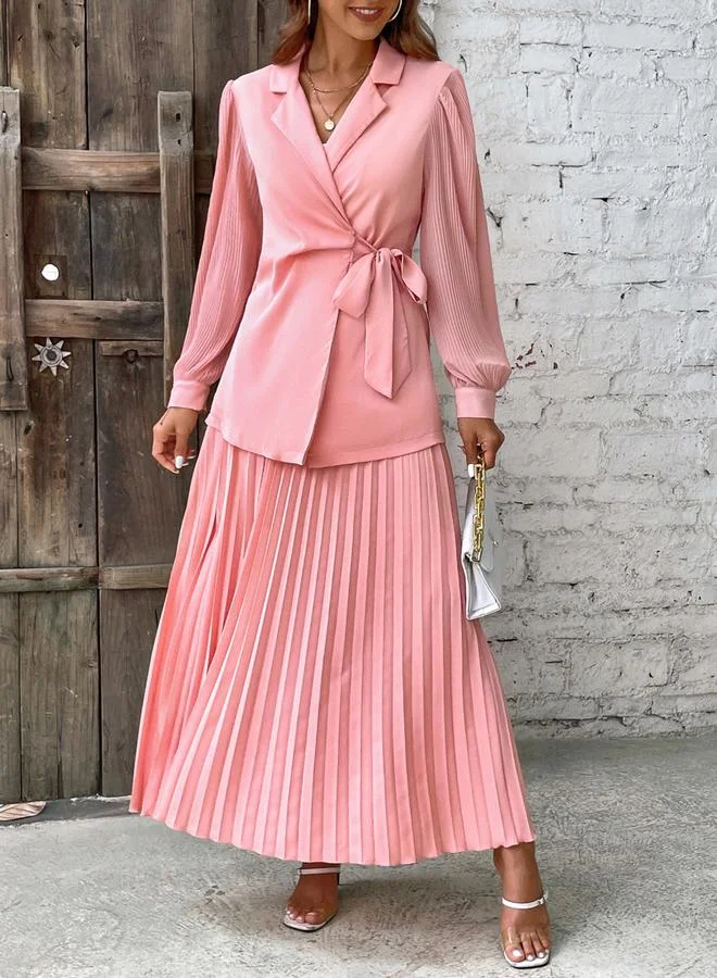 Wrap Blazer and Pleated Skirt Co-ord Set Pink