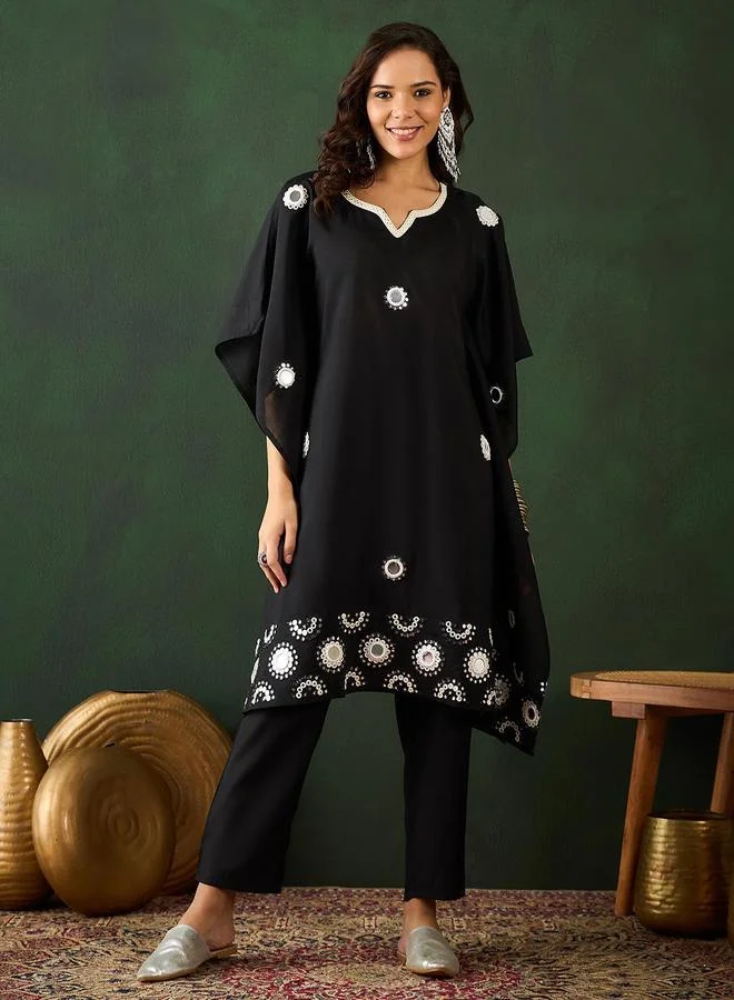 Embellished Viscose Silk Kurta Palazzo Set Black