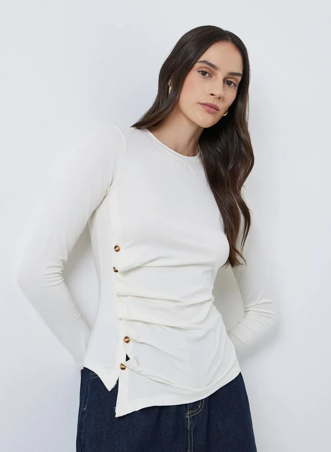 Styli Asymmetric Button Detail Long Sleeve Top Beige