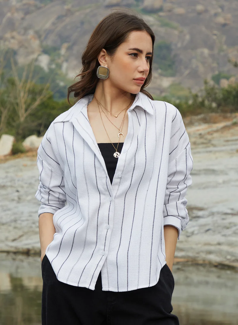 Women's Daisy Woven Stripe Oversized Shirt White