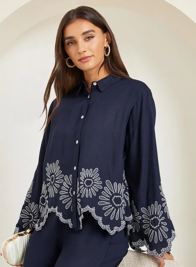 Women's Crochet Cropped Shirt Deep Navy Blue