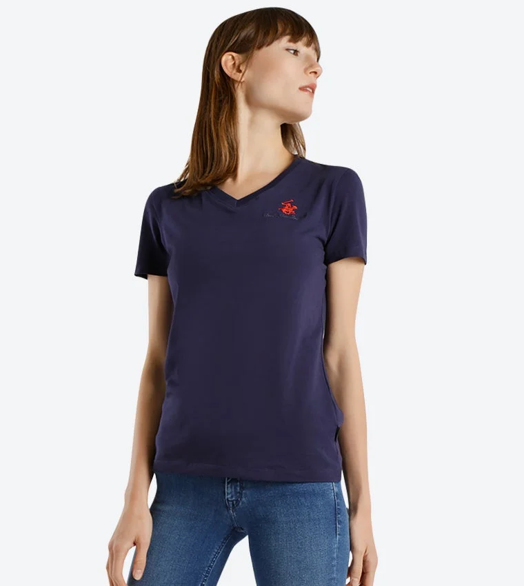 Embroidered V-Neck T-Shirt Deep Blue