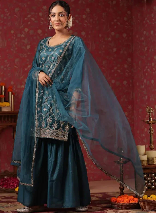 Ishin Teal Poly Silk Self Design Palazzo Kurta Set - Straight Fit – image 3