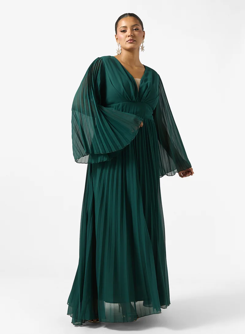 Plus Size Pleated Bell Sleeve Dress Dark Green