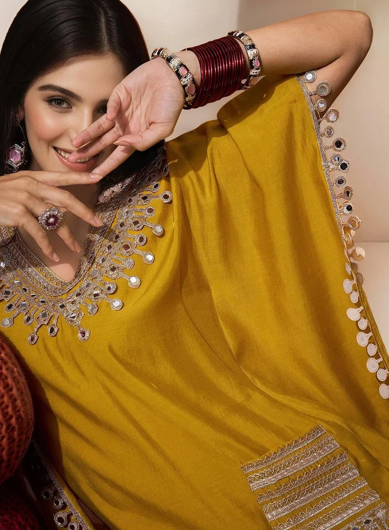Women's Roman Silk Self Design Palazzo Kurta Set Yellow