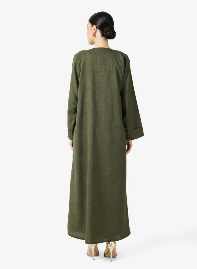 Olive Green Asymmetric Open Front Abaya with V-Neck and Long Sleeves – image 2