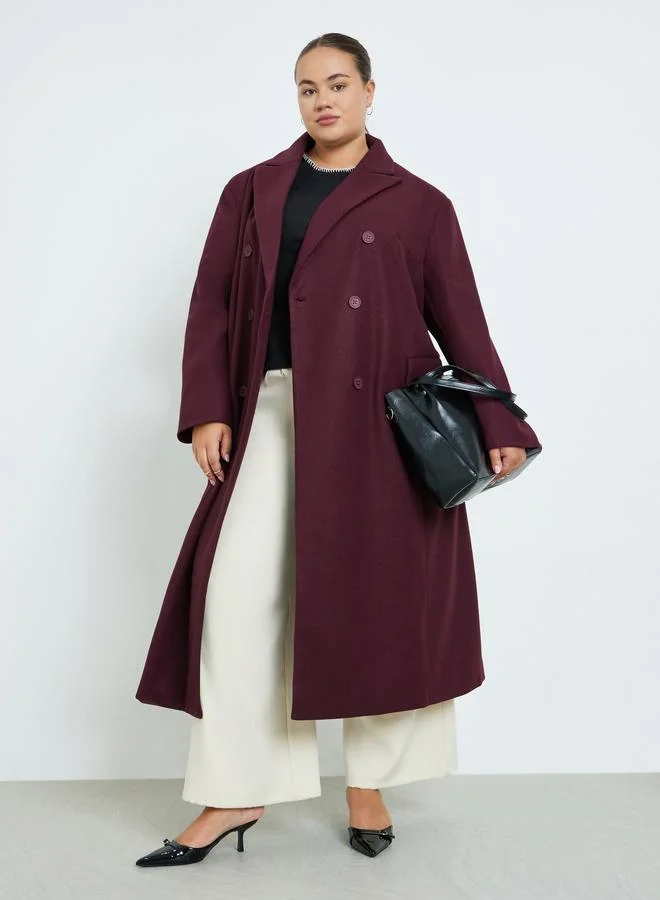 Styli Plus Size Double Breasted Longline Coat Burgundy