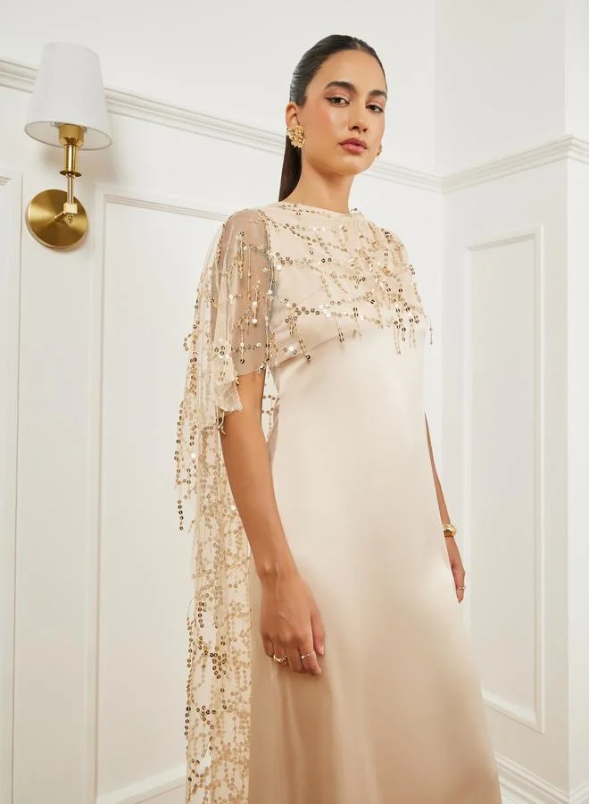 Gold Embellished Cape Maxi Dress Beige
