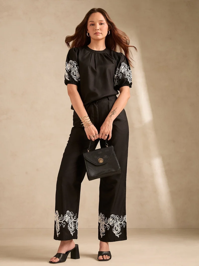 Embroidered Top and Straight Leg Trouser Set Black