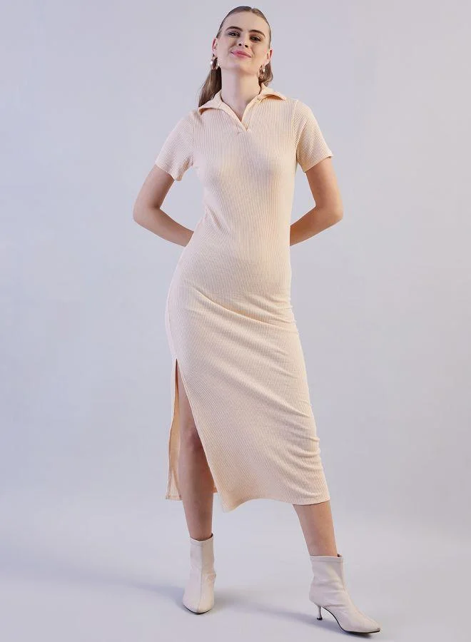 Fitted Long Polo Collar Dress Light Beige