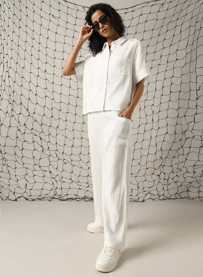 Self Design Double Cloth Cotton Shirt & Trouser White