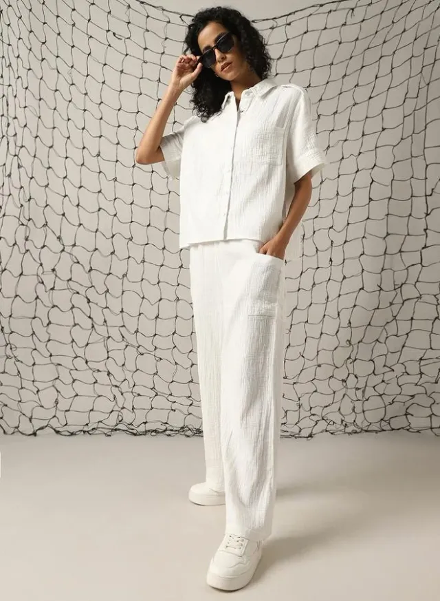 Self Design Double Cloth Cotton Shirt & Trouser White