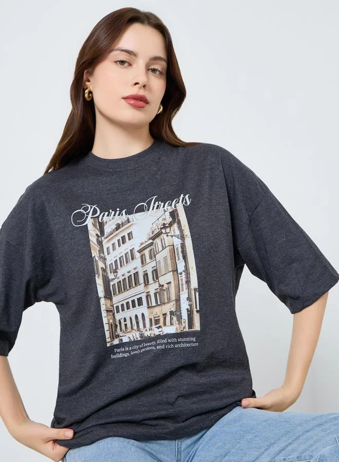 Women's Paris Graphic Oversized T-Shirt Charcoal
