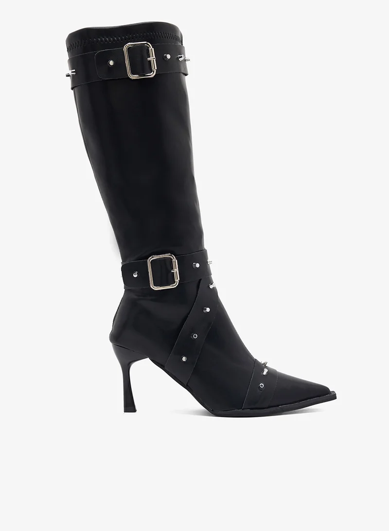 Pointed Toe Stiletto Biker Boots Black