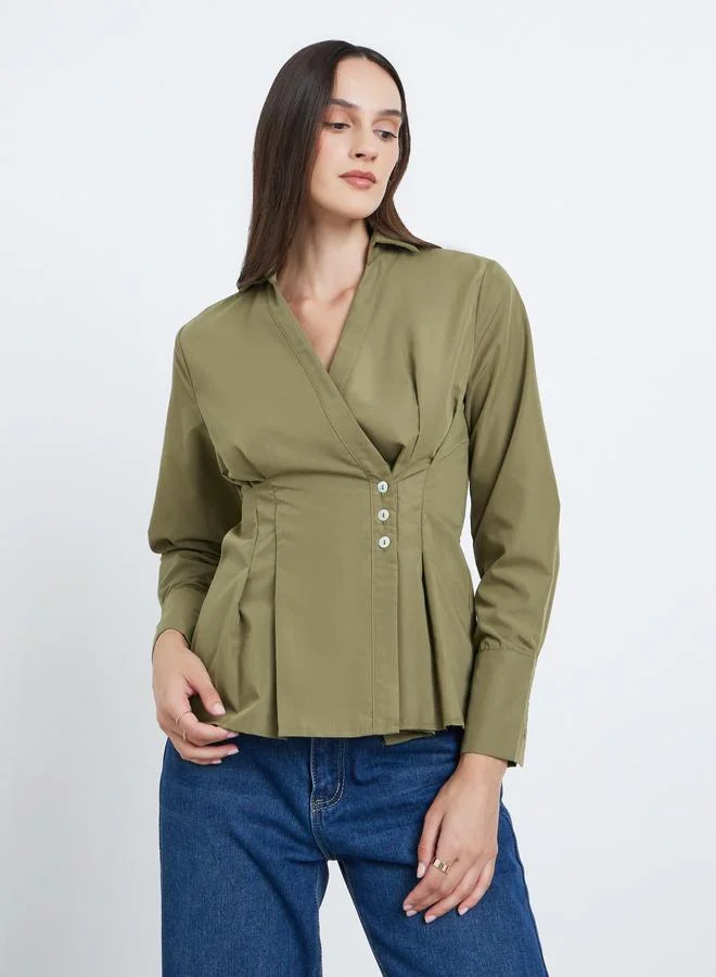 Styli Women Pleated Wrap Shirt Green
