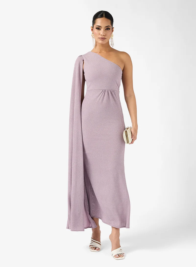 One Shoulder Metallic Slit Dress Lilac