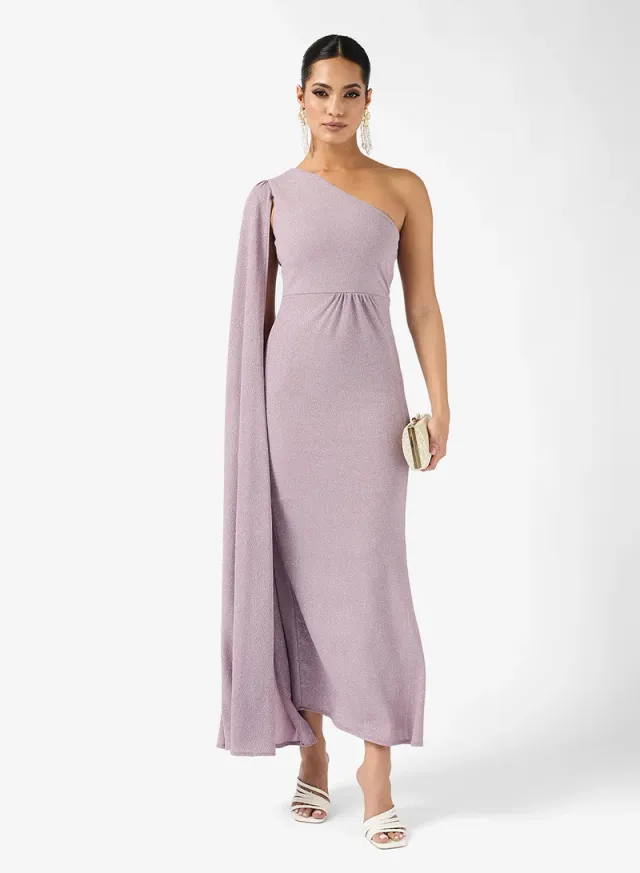 One Shoulder Metallic Slit Dress Lilac
