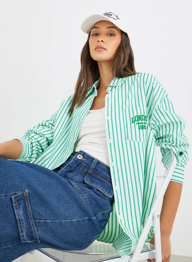 Oversized Striped Spread Collar Shirt Green