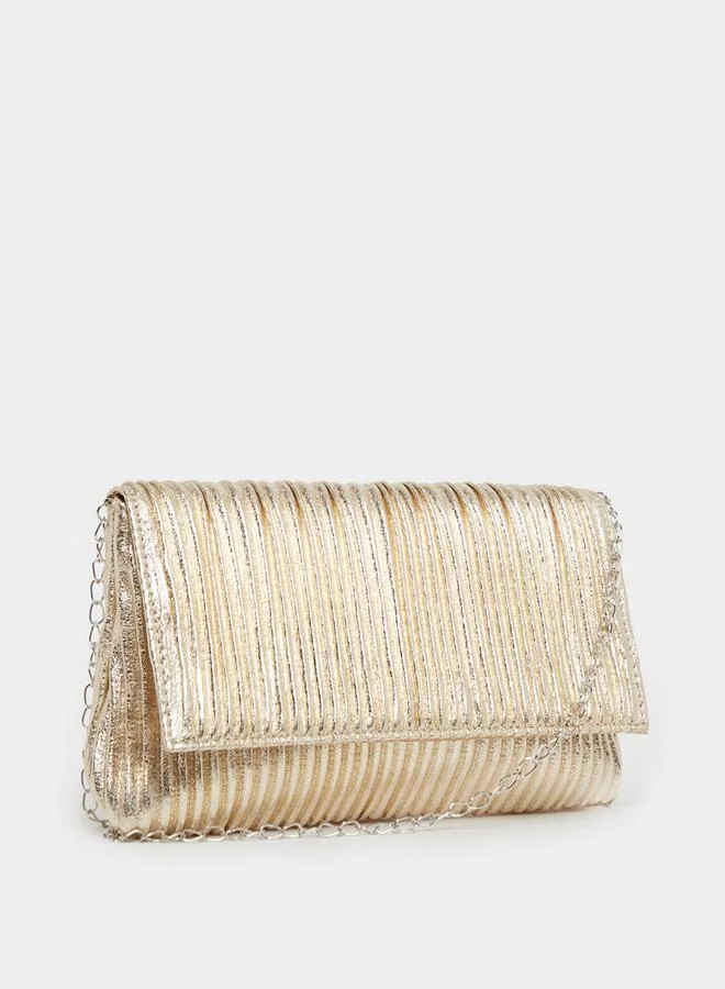 Metallic Pleated Clutch Bag with Chain Strap Light Beige