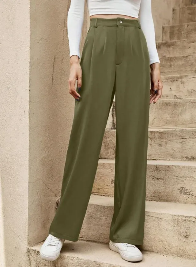 Dark Green High-Rise Straight Leg Trousers for Women – image 3