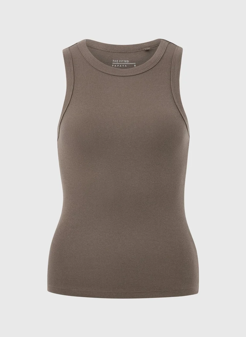 Ribbed High Neck Vest Top Brown