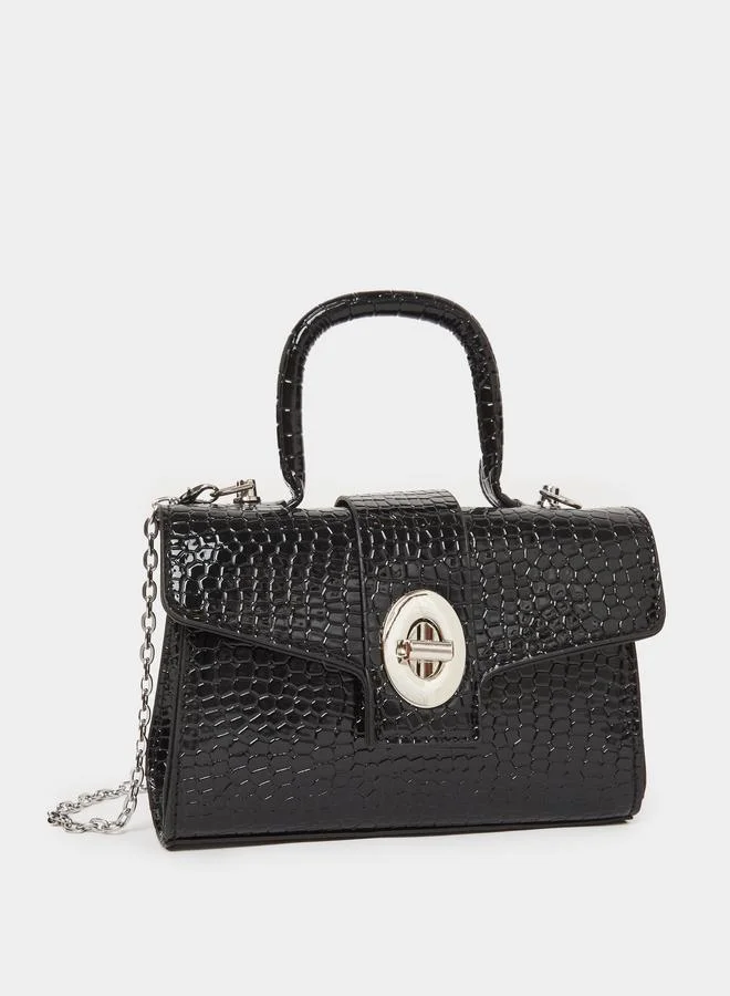 Croc-Effect Chain Satchel Bag Black