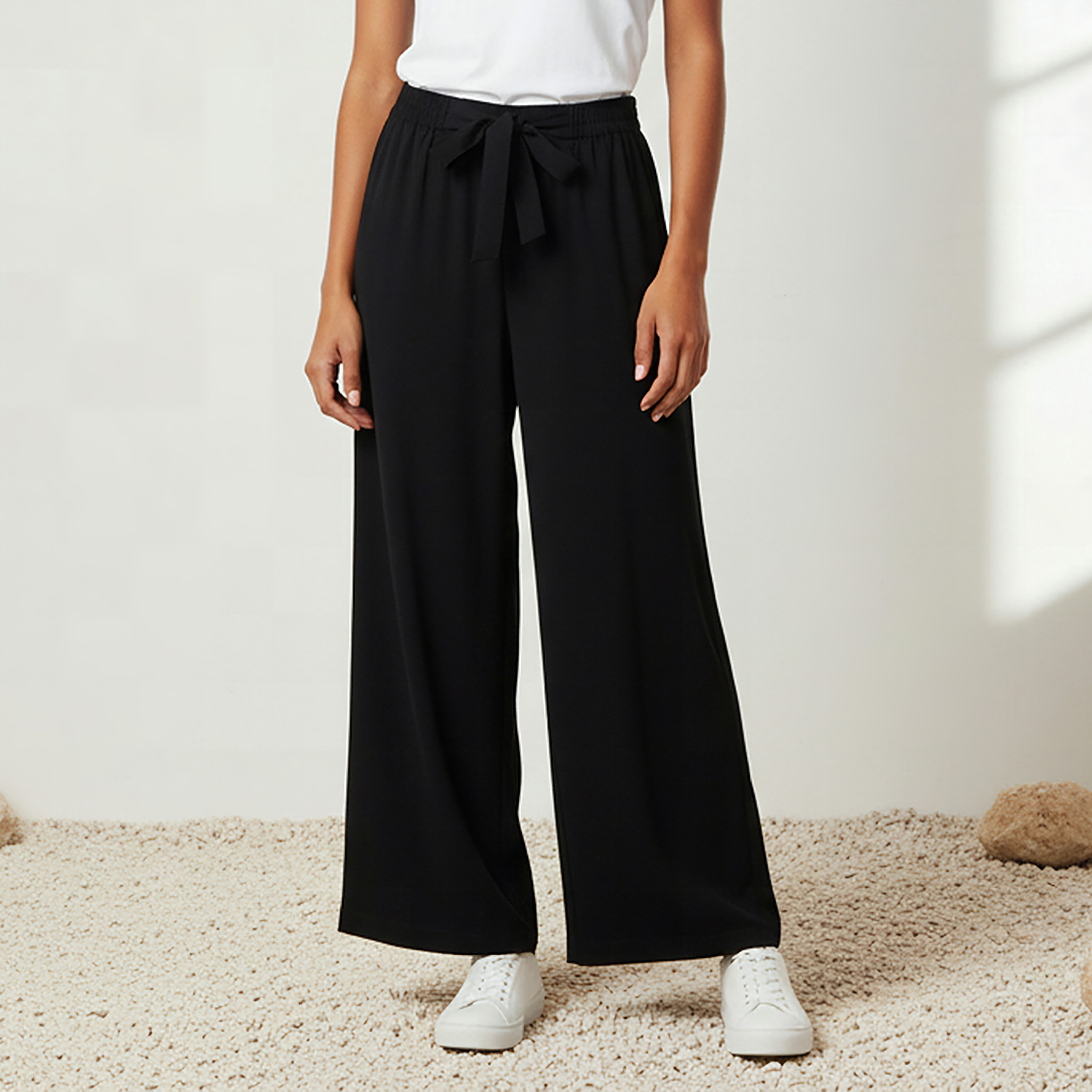 Belted Wide Leg Palazzo Pants Black
