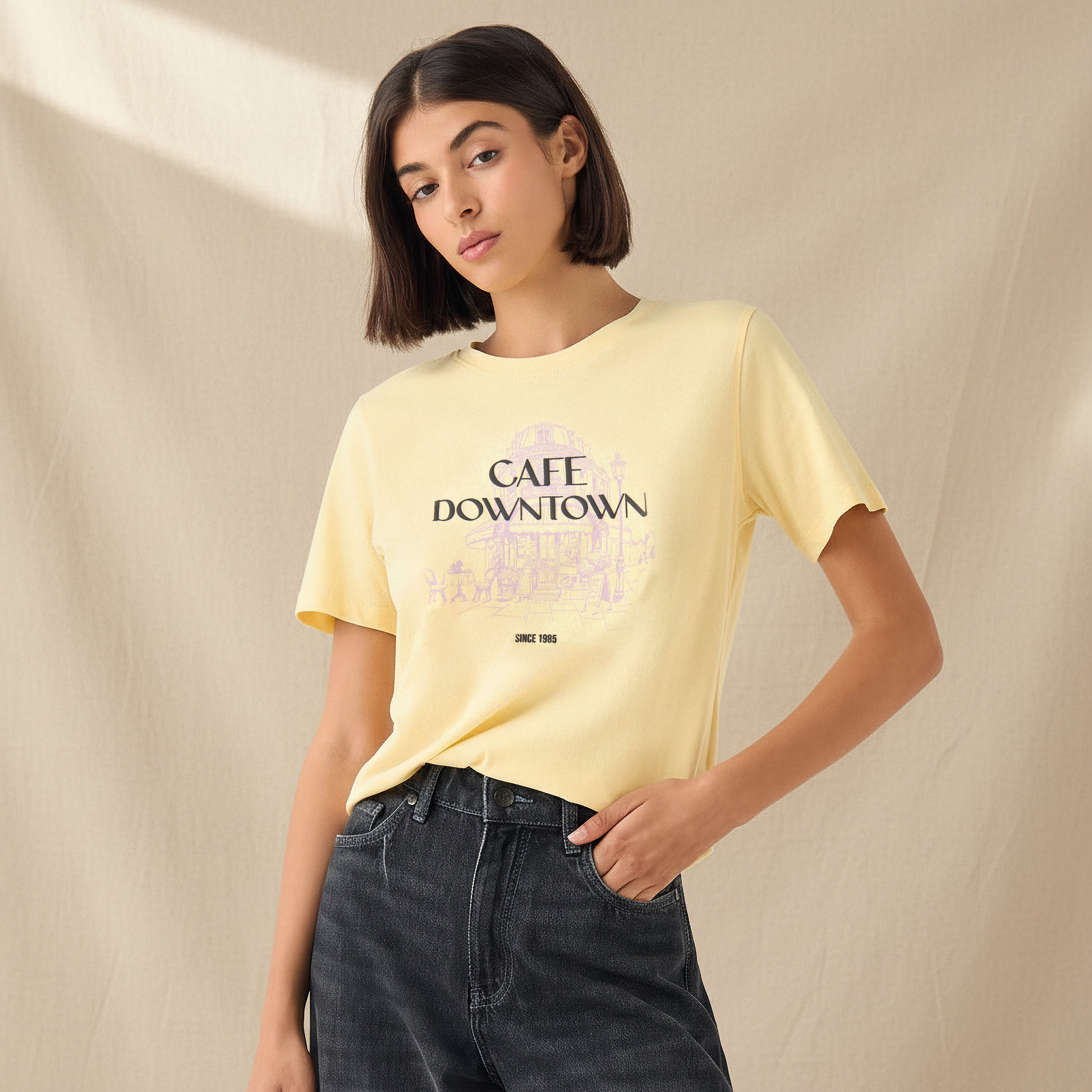 Sketch Art Regular Fit Cotton T-shirt Yellow