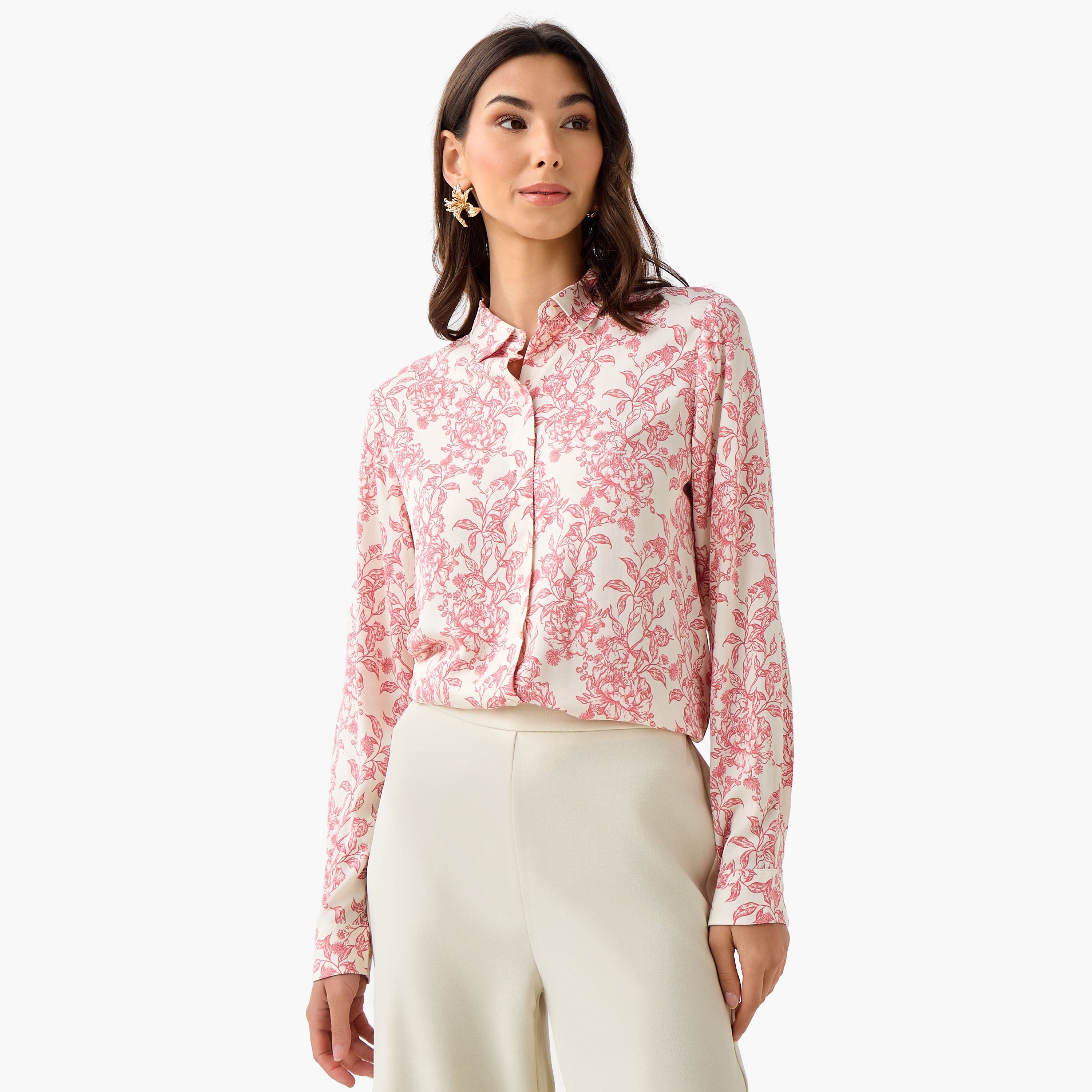 Regular Fit Floral Print Viscose Shirt Pink