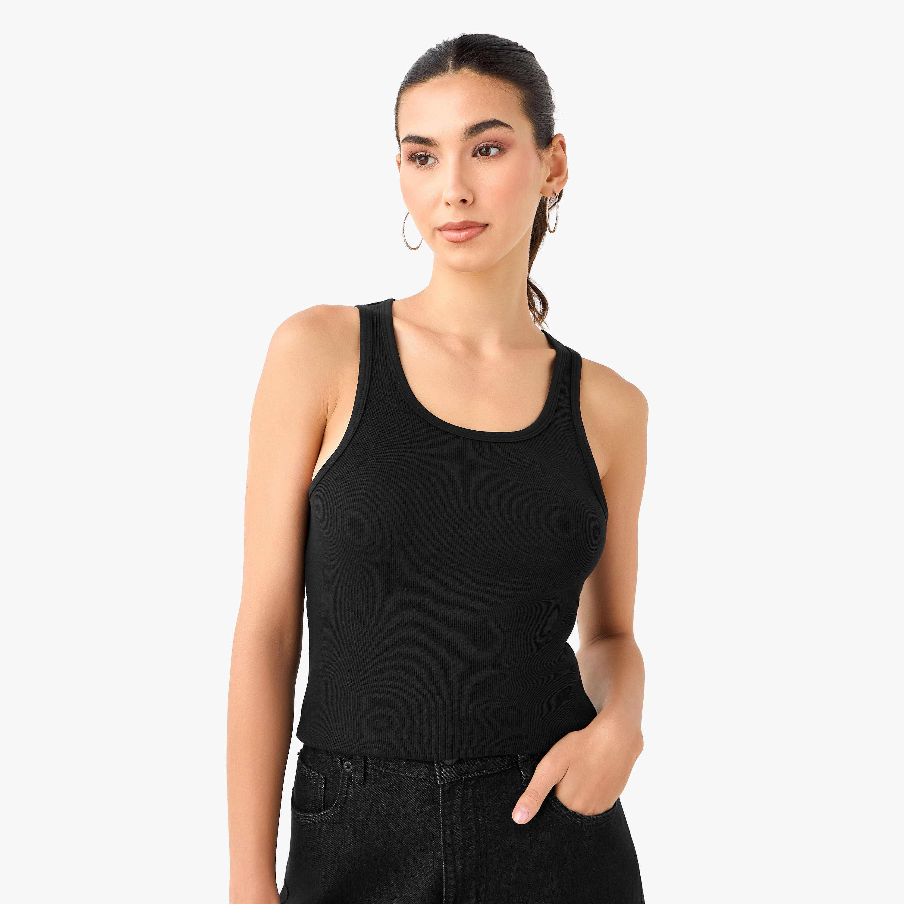 Ribbed Scoop Neck Slim Fit Tank Top Black