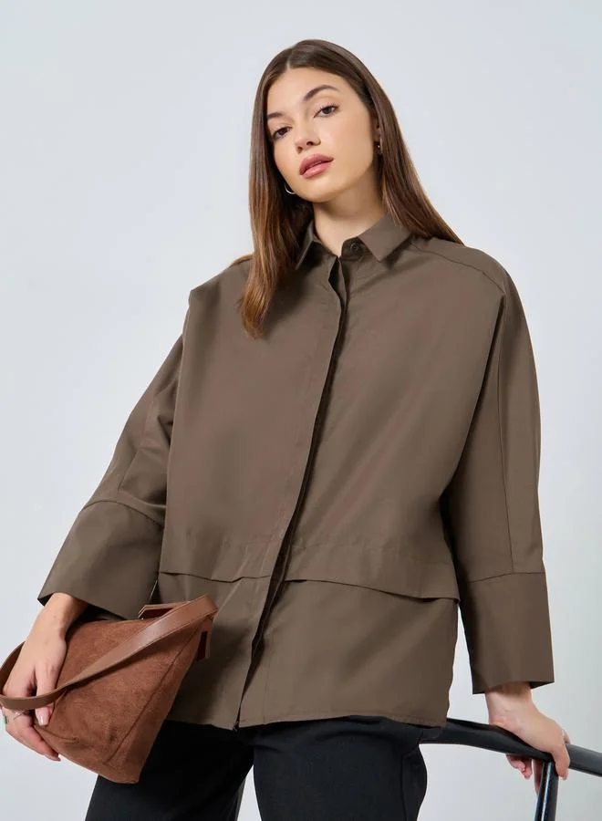 Oversized Panel Detail Button Shirt Brown