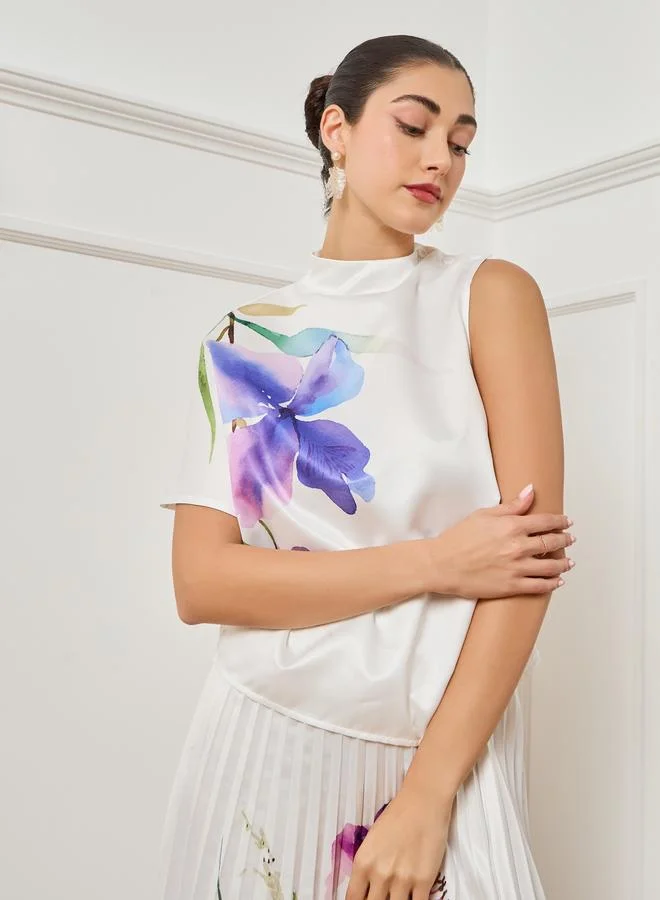 Women's Floral One Sleeve Top White