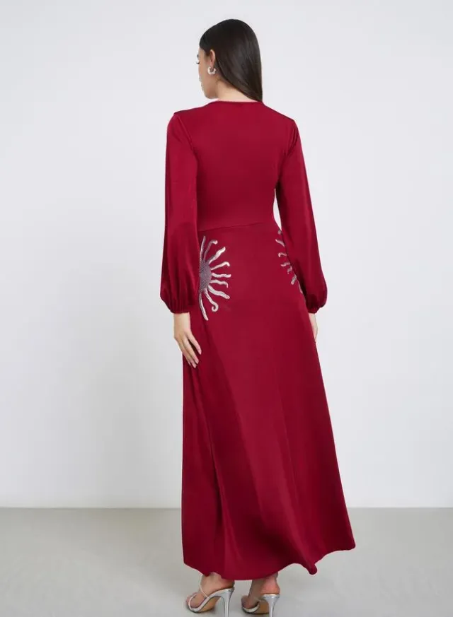 Deep Red Embellished Chiffon Maxi Dress with V Neck and Long Sleeves – image 5