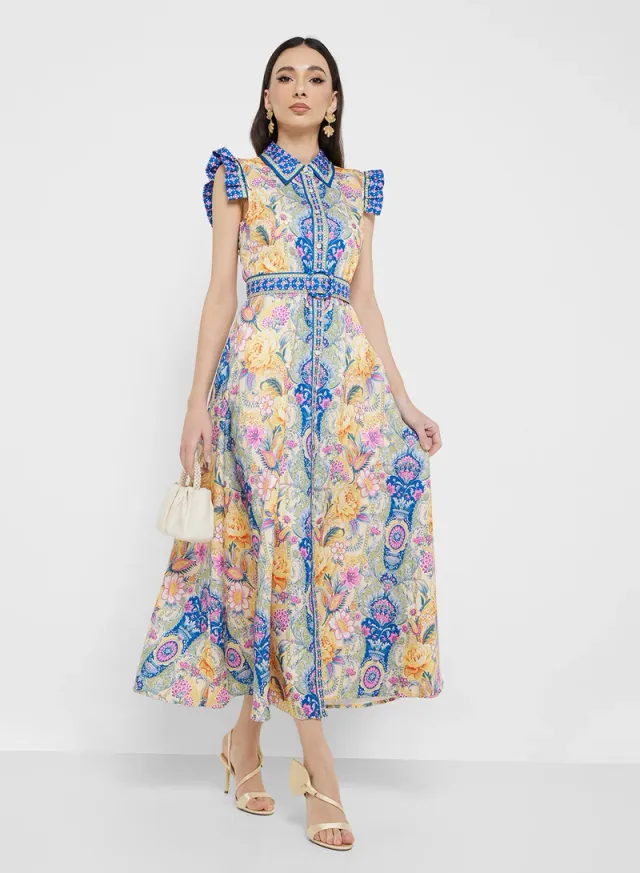 Floral Print Midi Shirt Dress with Ruffled Cap Sleeves