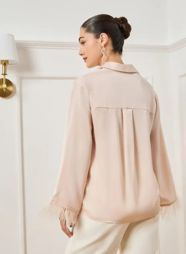 Feather Trim Satin Shirt Cream – image 6
