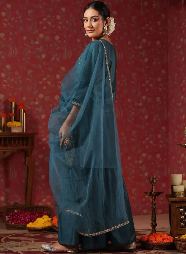 Ishin Teal Poly Silk Self Design Palazzo Kurta Set - Straight Fit – image 5
