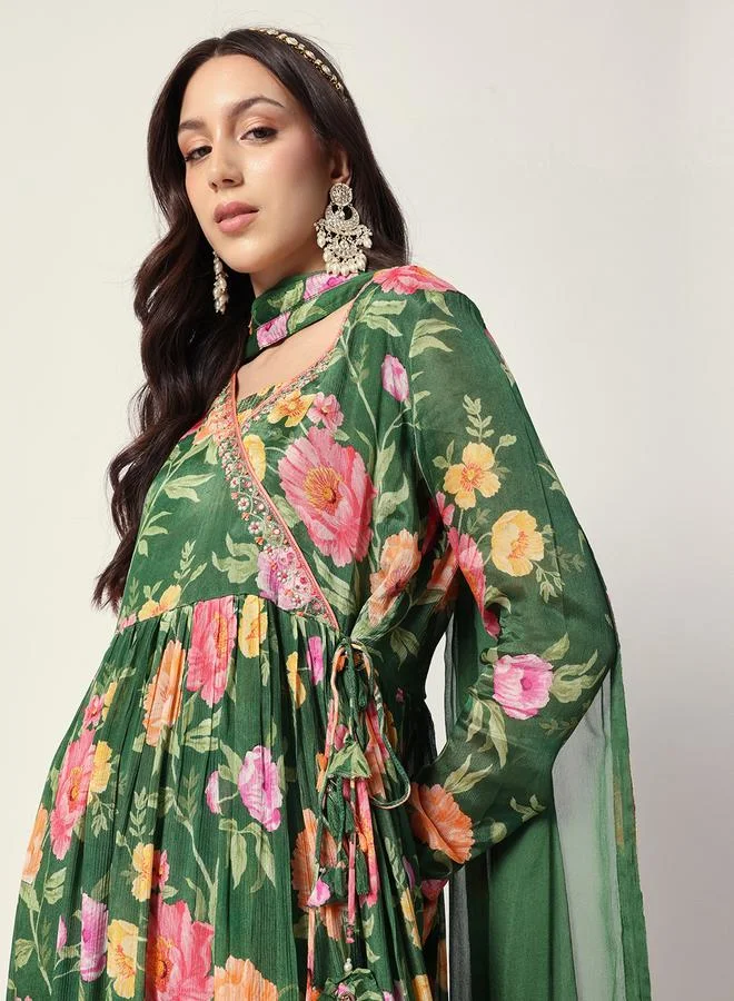 Women's Textured Chiffon Kurta Palazzo Set Green