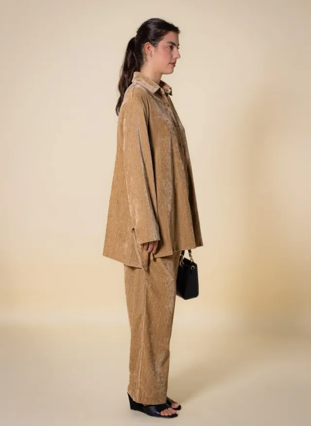 Brown Textured Velvet Long-Sleeve Shirt and Pants Set for Women – image 4