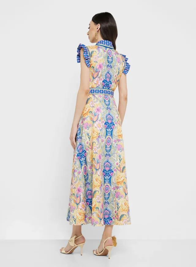 Floral Print Midi Shirt Dress with Ruffled Cap Sleeves – image 2