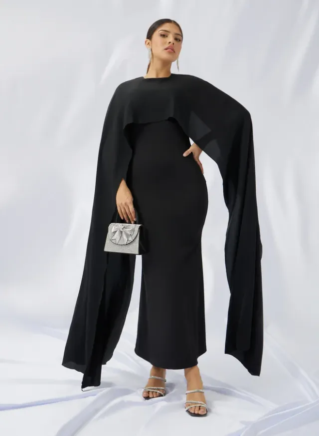 Cape Sleeve Maxi Dress Black