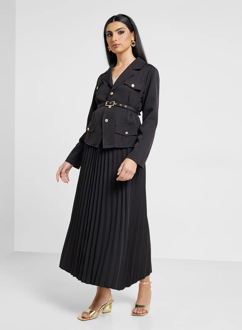 Pleated Skirt Blazer Set Black