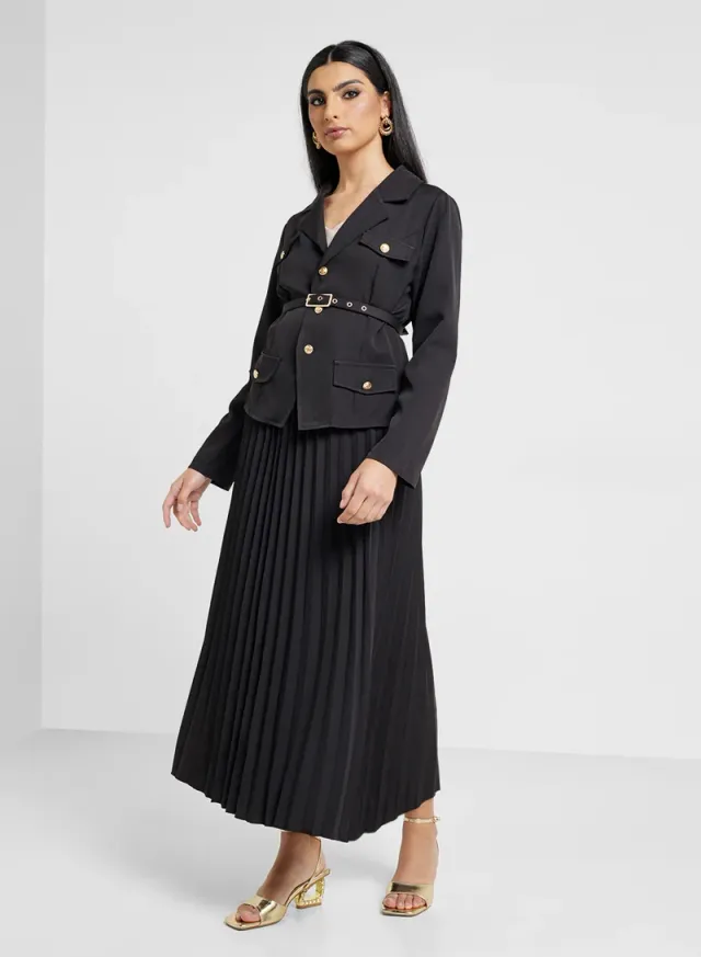 Pleated Skirt Blazer Set Black
