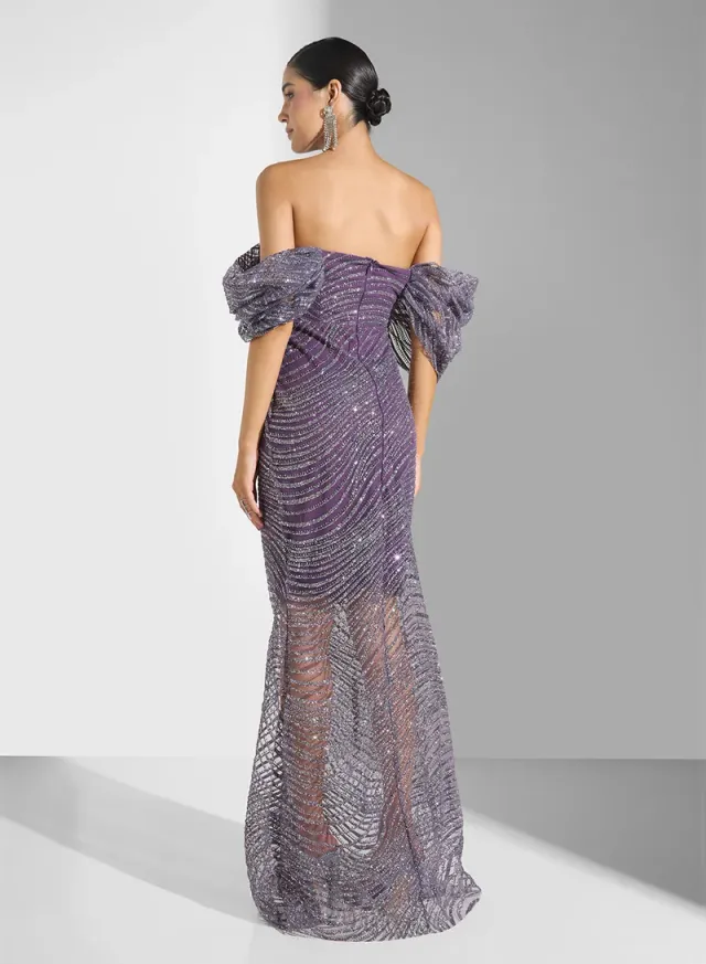 Navy Blue Off-Shoulder Shimmer Midi Dress – image 2