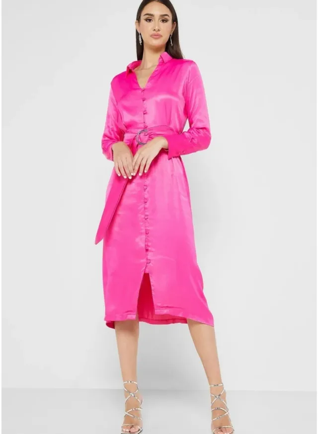 Silk Long Sleeve Shirt Dress Pink – image 4